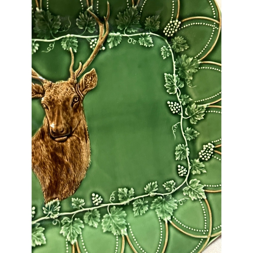 Bordallo Pinheiro Woods Deer Platter Tray Green Buck Portugal 18.75" Bosque Hunt - Picture 4 of 13
